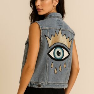Modelo con chaleco Sorena pintado a mano, look de moda en Pamplona con diseño exclusivo y artístico